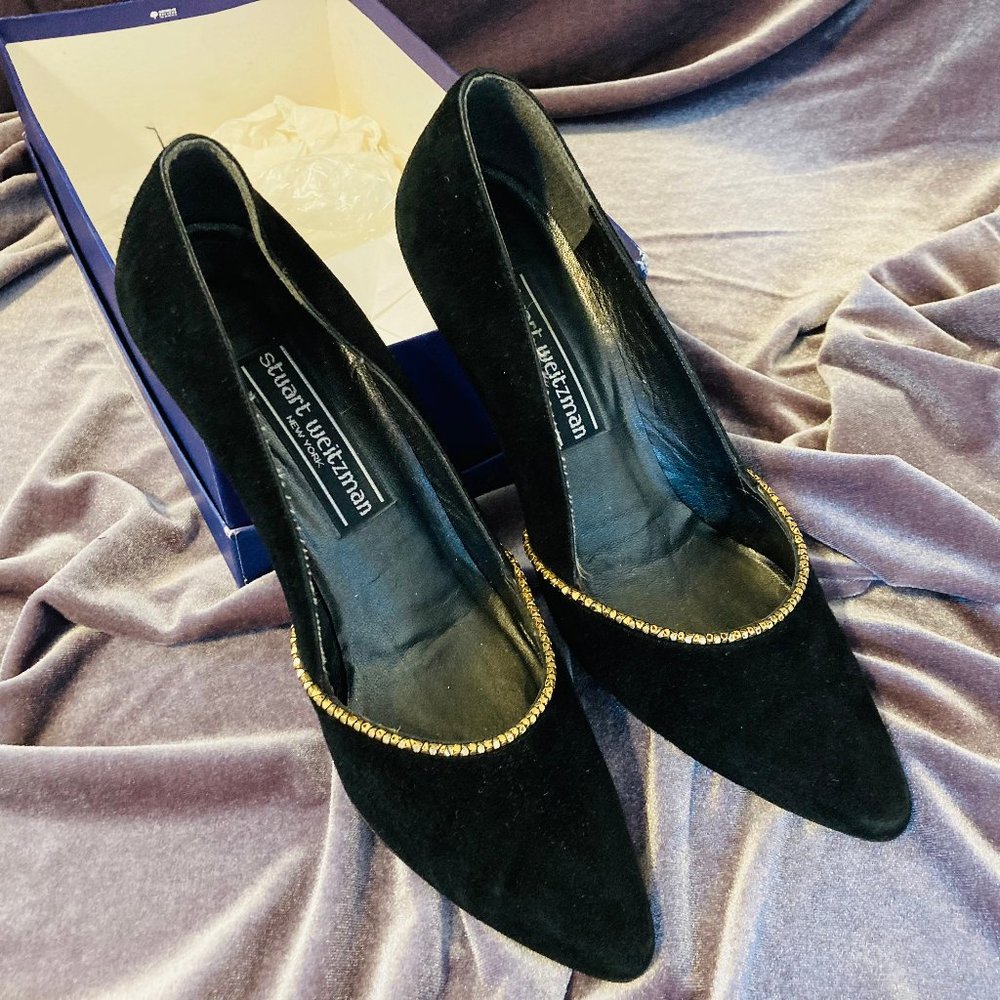 Stuart Weitzman Black Velvet Crystal Studded Heels